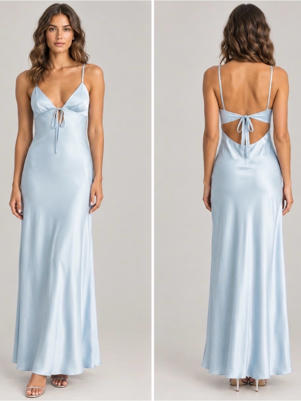Peppermayo Flora Ice Blue Satin Tie Front Open Back Maxi Dress 4 NWT